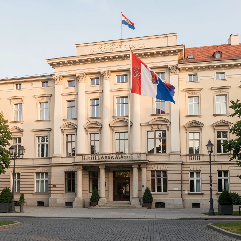 Zgrada Hrvatske narodne banke u centru Zagreba s hrvatskom zastavom na pročelju