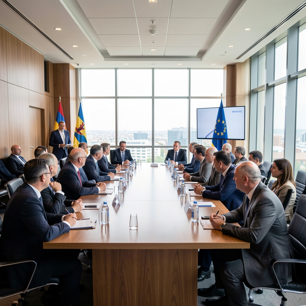 Moderna konferencijska dvorana s delegatima koji razgovaraju, bilateralni susret predstavnika balkanskih zemalja
