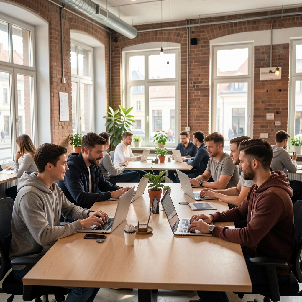Tim mladih programera u modernom co-working prostoru u Zagrebu rade na laptopima i diskutiraju