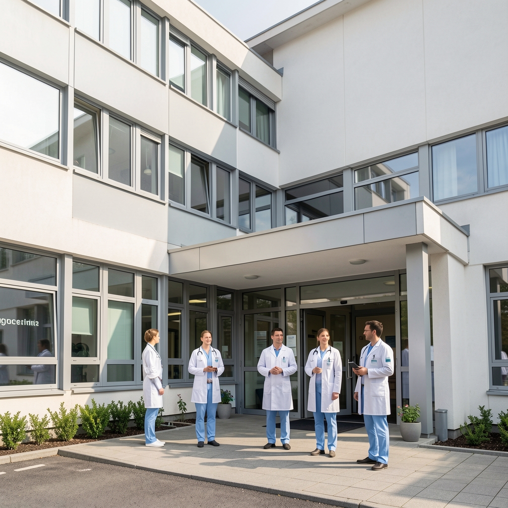 Moderna bolnička zgrada s urgentnim ulazom i medicinskim osobljem u bijelo-plavim uniformama