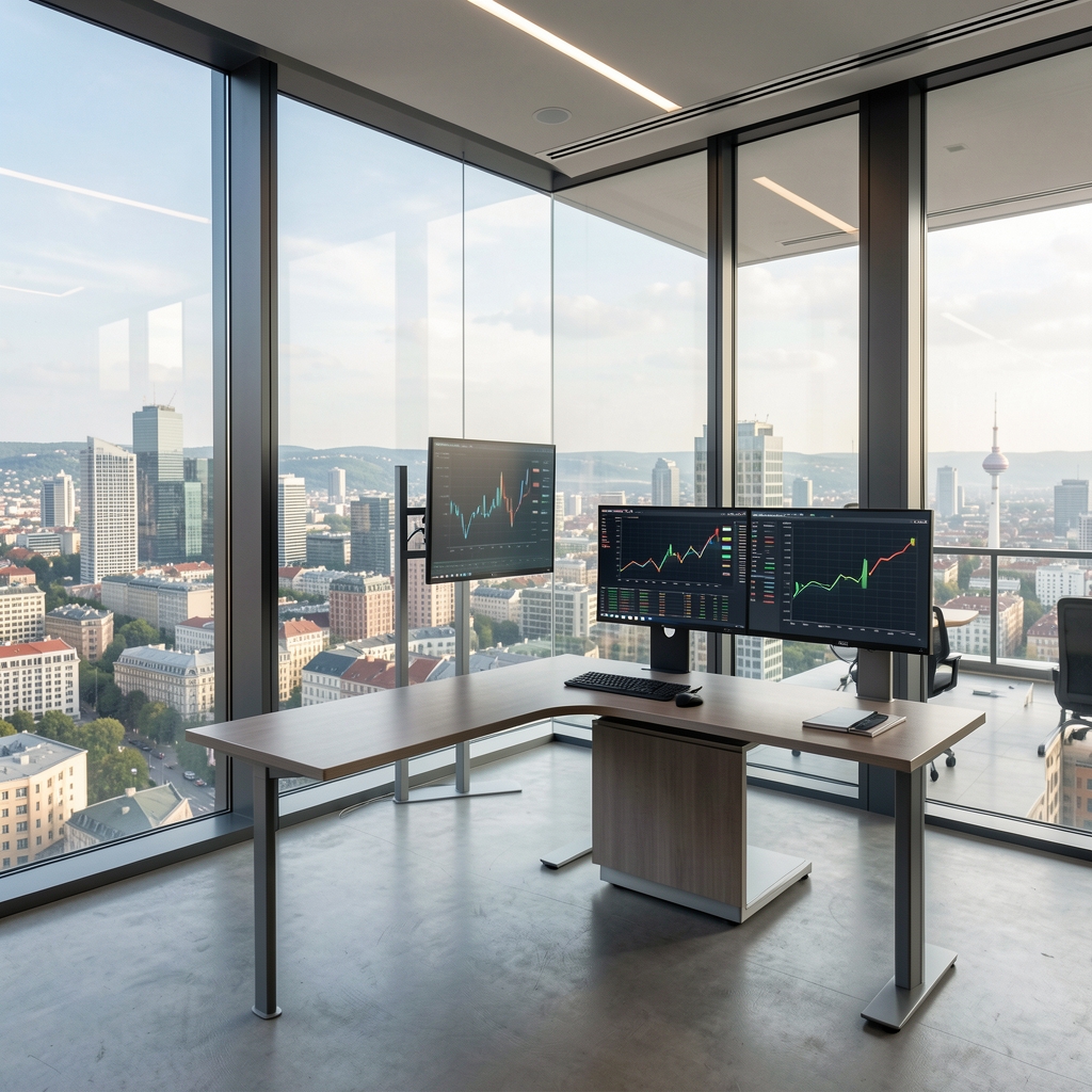 Grafovi i financijski ekrani u modernoj poslovnoj zgradi s panoramskim pogledom na grad