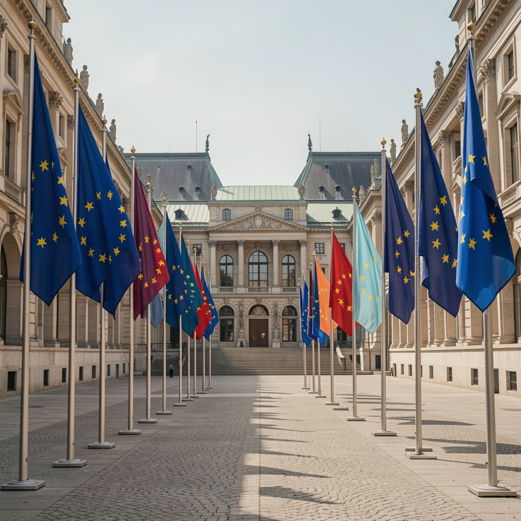 Zgrada Europskog parlamenta u Bruxellesu okružena zastavama država članica EU