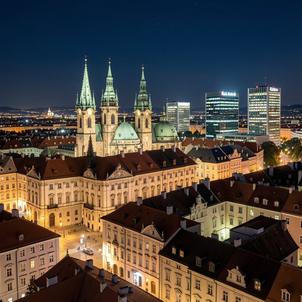 Panoramski pogled na Zagreb noću s osvjetljenim katedralama, Banskim dvorima i modernim poslovnim zgradama u pozadini