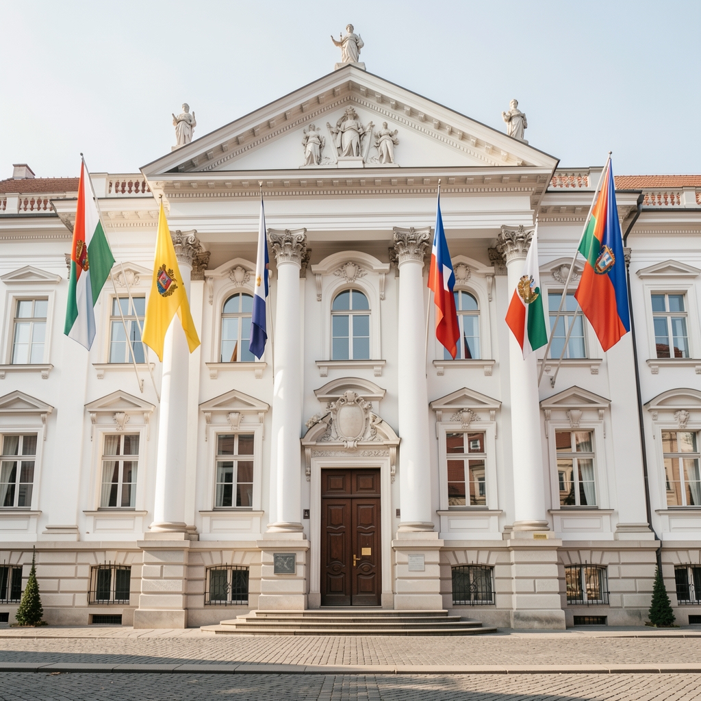 Zgrada Hrvatskog sabora u Zagrebu s bijelim pročeljem, ukrašena nacionalnim zastavama za svečane prilike