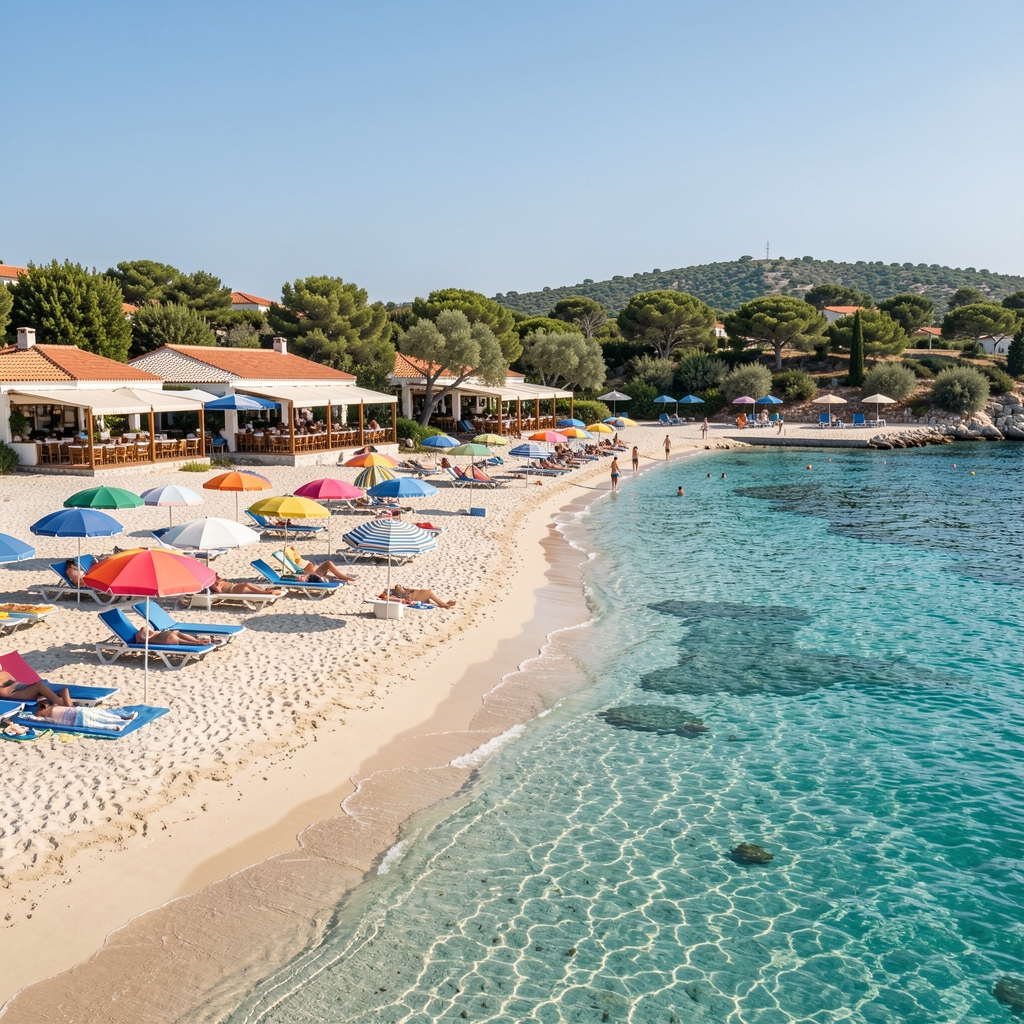 Prepuna turistička plaža na Hvaru sa šarenim suncobranima, bistrim tirkiznim morem i mediteranskim restoranima u pozadini