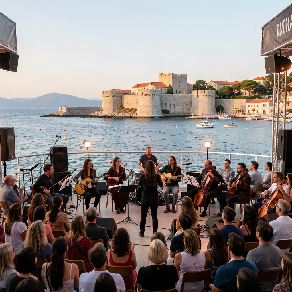 Večernja kazališna izvedba na otvorenim pozornicama Dubrovačkih ljetnih igara s Dubrovnikom i morem u pozadini